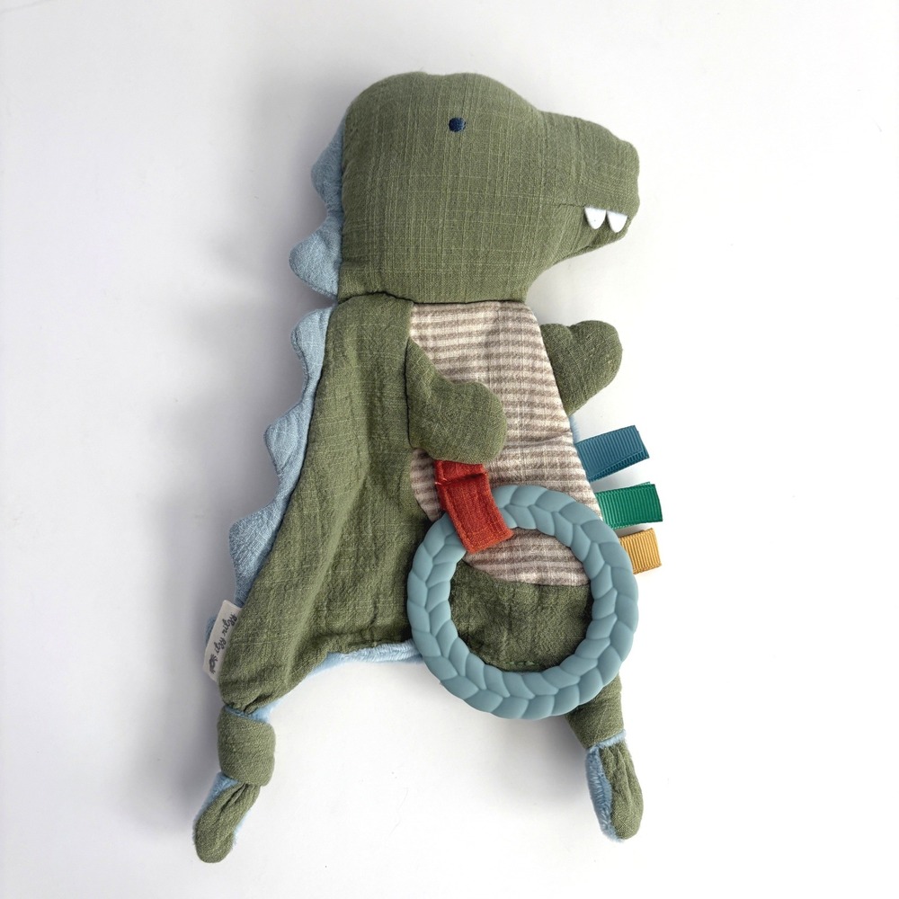 Itzy Ritzy Dino Muslin Lovey‎ Security Blanket with Silicone Teether Green Blue